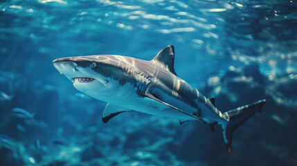 Obraz premium a shark swimming in the water with a lot of fish
