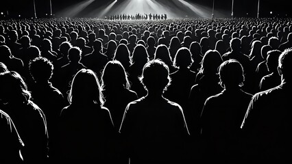Silhouettes of a crowd at a concert, facing the stage with spotlights shining down.