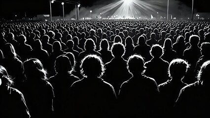 Silhouette of a large crowd of people at a concert or event.