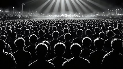 Silhouettes of a large crowd gathered in a dark setting, illuminated by a bright spotlight from above.