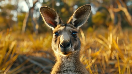 Obraz premium a kangaroo that is standing in the grass with a blue eye