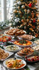 Christmas Dinner table full of dishes with food and snacks, New Year's decor with a Christmas tree on the background 