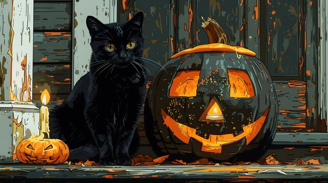  Illustration of a Cat and Pumpkin, in room, background, Halloween Concept