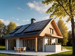 Obraz premium Close-up of a new suburban house with a photovoltaic system on the roof. Simple and modern environmentally friendly house with solar panels on the gable roof, with sunlight during the day