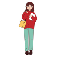 hand drawing cartoon woman with red sweater holding a book. cute woman drawing sticker