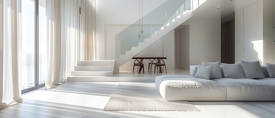 Obraz premium Sleek modern home interior with gray sofa, glass staircase, and minimalist design. Natural light casts long shadows, highlighting spaciousness and elegance.