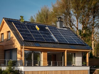 Fototapeta premium Close-up of a new suburban house with a photovoltaic system on the roof. Simple and modern environmentally friendly house with solar panels on the gable roof, with sunlight during the day
