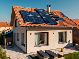 Close-up of a new suburban house with a photovoltaic system on the roof. Simple and modern environmentally friendly house with solar panels on the gable roof, with sunlight during the day