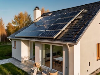 Close-up of a new suburban house with a photovoltaic system on the roof. Simple and modern environmentally friendly house with solar panels on the gable roof, with sunlight during the day