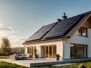 Close-up of a new suburban house with a photovoltaic system on the roof. Simple and modern environmentally friendly house with solar panels on the gable roof, with sunlight during the day