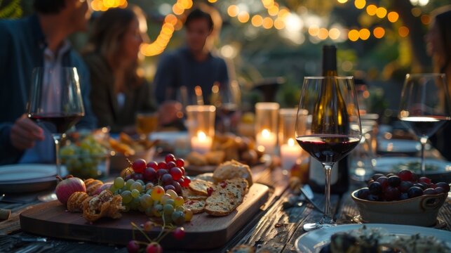 Outdoor dinner party with friends and wine