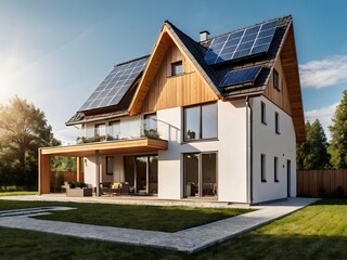 Close-up of a new suburban house with a photovoltaic system on the roof. Simple and modern environmentally friendly house with solar panels on the gable roof, with sunlight during the day