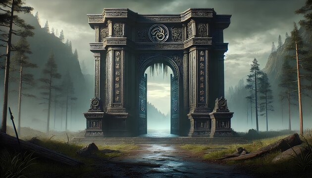 The Gates of Miki, grand and glowing, amidst a misty forest with ancient carvings under dark, cloudy skies.