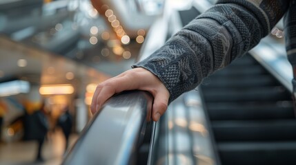 Close-up of hand holding escalator handrail in modern shopping mall representing urban lifestyle and movement