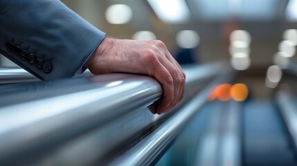Close-up of businessman's hand gripping escalator handrail in modern office setting representing urban lifestyle and transportation