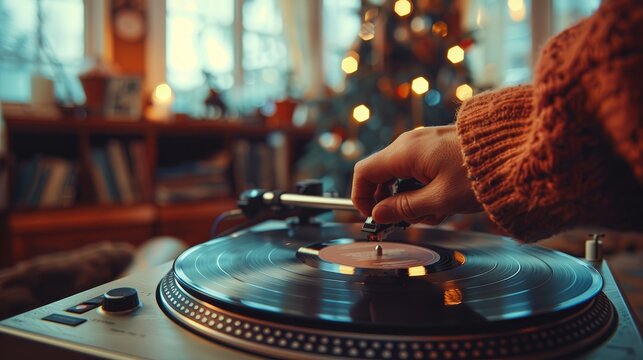 Woman's hand adjusting turntable needle in cozy living room with bookshelves and Christmas tree background