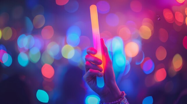 Hand holding a colorful LED glow stick in a vibrant nightlife setting with bokeh lights representing party celebration and dark concert venue