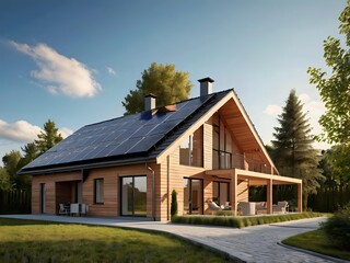 Obraz premium Close-up of a new suburban house with a photovoltaic system on the roof. Simple and modern environmentally friendly house with solar panels on the gable roof, with sunlight during the day