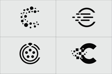 Initial Letter C Modern Lettering with circular digital wire link for futuristic internet connection, Set of creative letter C technology logo design