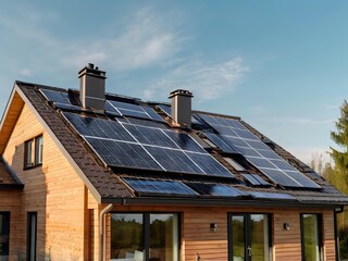 Fototapeta premium Close-up of a new suburban house with a photovoltaic system on the roof. Simple and modern environmentally friendly house with solar panels on the gable roof, with sunlight during the day