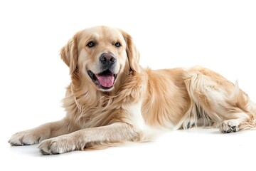 Obraz premium Happy Golden Retriever Lying Down Isolated on White Background.