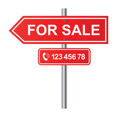 For Sale Sign Red banner with metal steel pole with phone number. Realistic design for your Real Estate Business Website or your Company to sell House and Cars , Vector isolated on white Background
