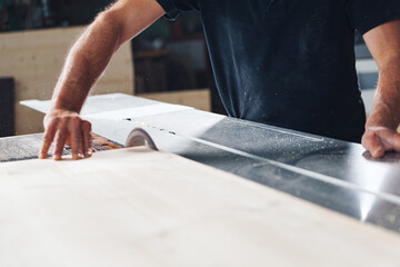 Carpenter cutting plank of wood using table saw in workshop