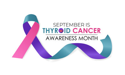 Vector illustration of Thyroid cancer awareness month is september. Promoting Thyroid Health and Wellness awareness Calligraphy Realistic Teal Ribbon.Banner poster design.