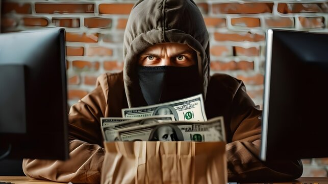 Online Scammer Working on Laptop.