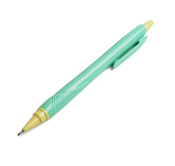 Turquoise ballpoint pen on white background