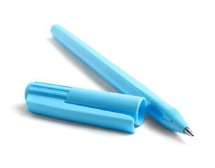 Blue ballpoint pen with cap on white background