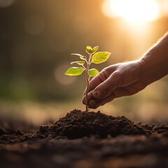 Hands holding or planting a seedling plant in soil. Plants for save earth or world environment day