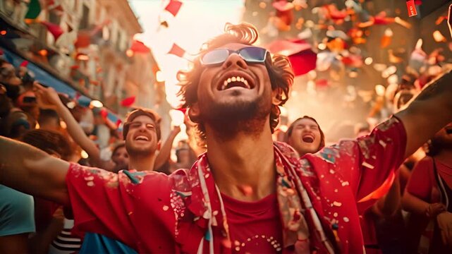 Soccer fans in red celebrating.generative ai