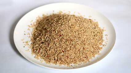 Germinated brown rice on white background.