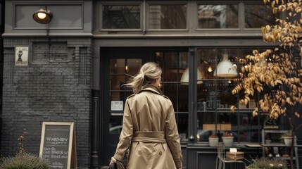 Fototapeta premium Woman in trench coat standing outside cafe