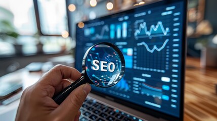 Hand holding magnifying glass with SEO text over laptop displaying analytics and graphs in modern office setting
