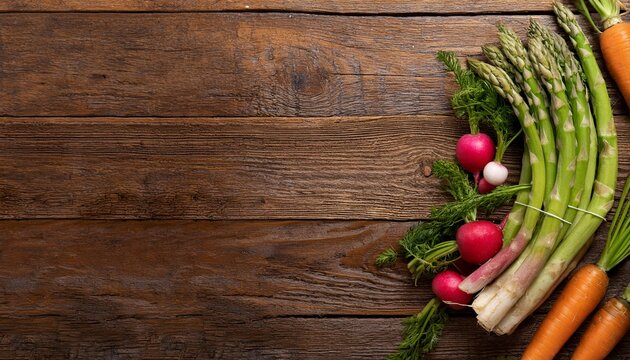Top view of a rustic wooden table with spring vegan cooking ingredients including fresh aspa