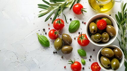 Mediterranean Olives and Cherry Tomatoes on Table