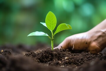 Hands holding or planting a seedling plant in soil. Plants for save earth or world environment day