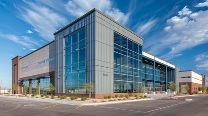Modern building in aluminum siding and flat angled roofline and front windows.