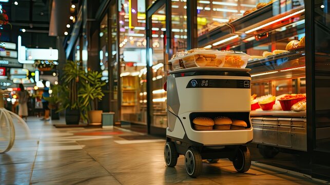 An autonomous robot in the restaurant delivers food to the tables of visitors.