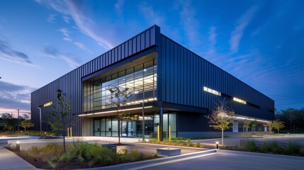 Obraz premium Modern building in aluminum siding and flat angled roofline and front windows.