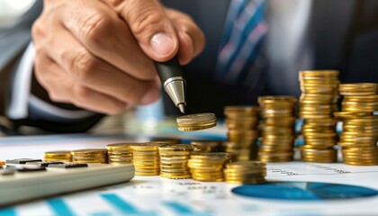Closeup of businessman's hand adding coin to stack of gold coins, representing wealth and financial success.