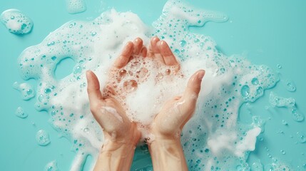 Fototapeta premium Hands with Soapy Bubbles on Turquoise Background - Hygiene and Cleanliness Concept