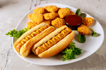 Hot dog with mustard and chicken nuggets with ketchup on white plate.