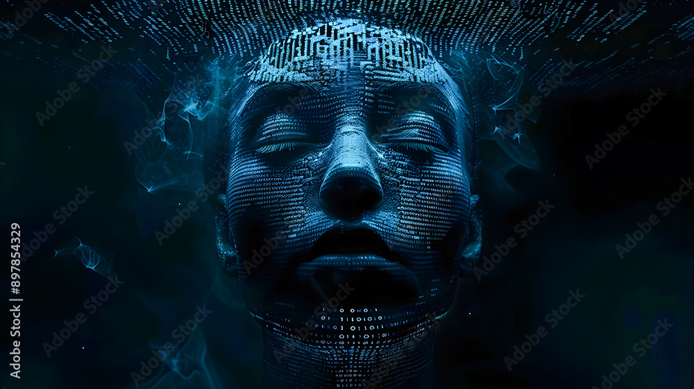 Poster a digitally rendered human face emerging from the darkness its features intricately crafted from str