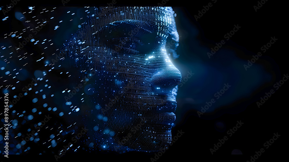 Poster a human face integrated with streams of binary code emerging from the darkness the lines of code cre