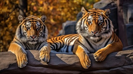 Obraz premium Two Majestic Tigers Resting on a Rock