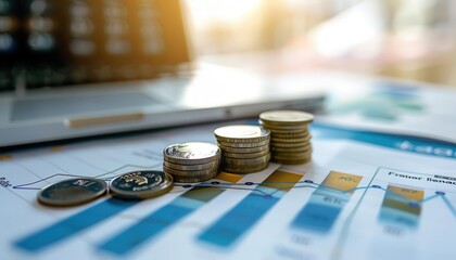 Coins stacked on a financial report with a laptop in the background, representing growth and success.