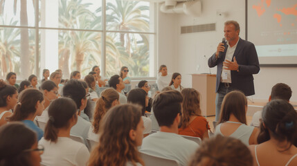 Campus lecturer in suit giving talk to university students in  modern classroom, Audience in college lecture room, students learning and listening to the presentation as back to school concept